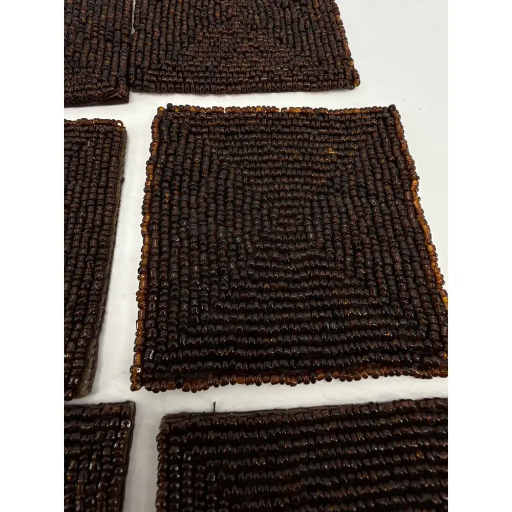 African Beaded Coasters Set of 6 Brown Amber Seed Bead Square Tribal Table Decor